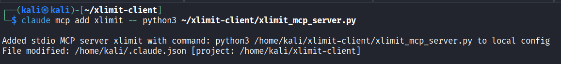 Terminal showing claude mcp add xlimit command and confirmation output