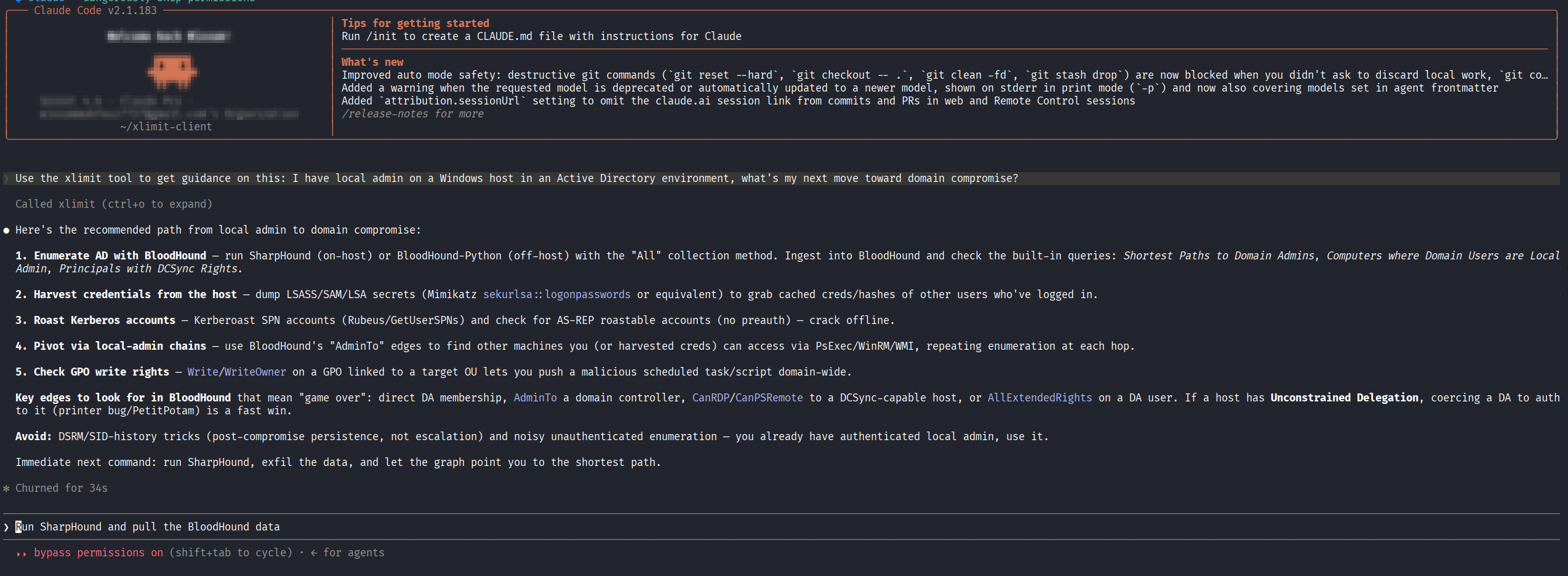Claude Code calling xLimit on an Active Directory lateral movement question
