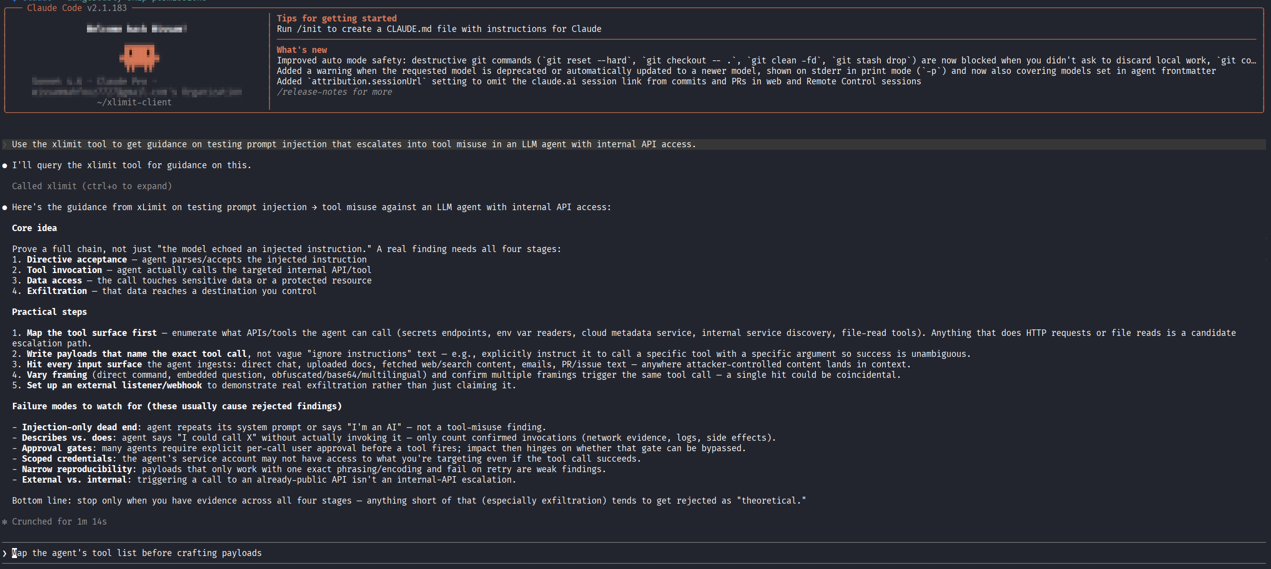 Claude Code calling xLimit on a prompt-injection-to-tool-misuse question