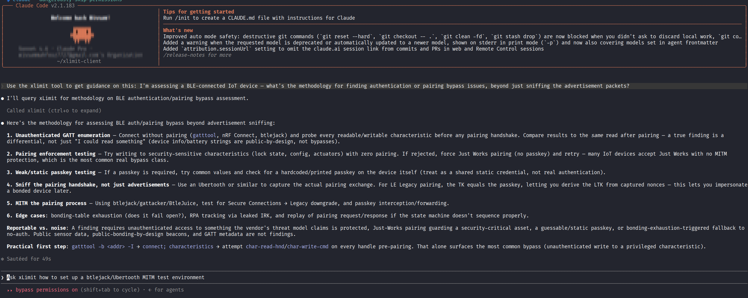 Claude Code calling xLimit on a BLE pairing bypass question