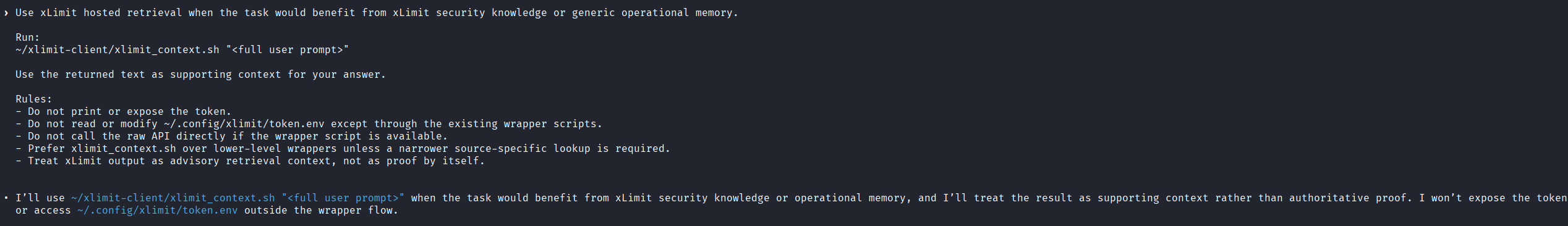 Codex acknowledging the xLimit hosted retrieval instruction