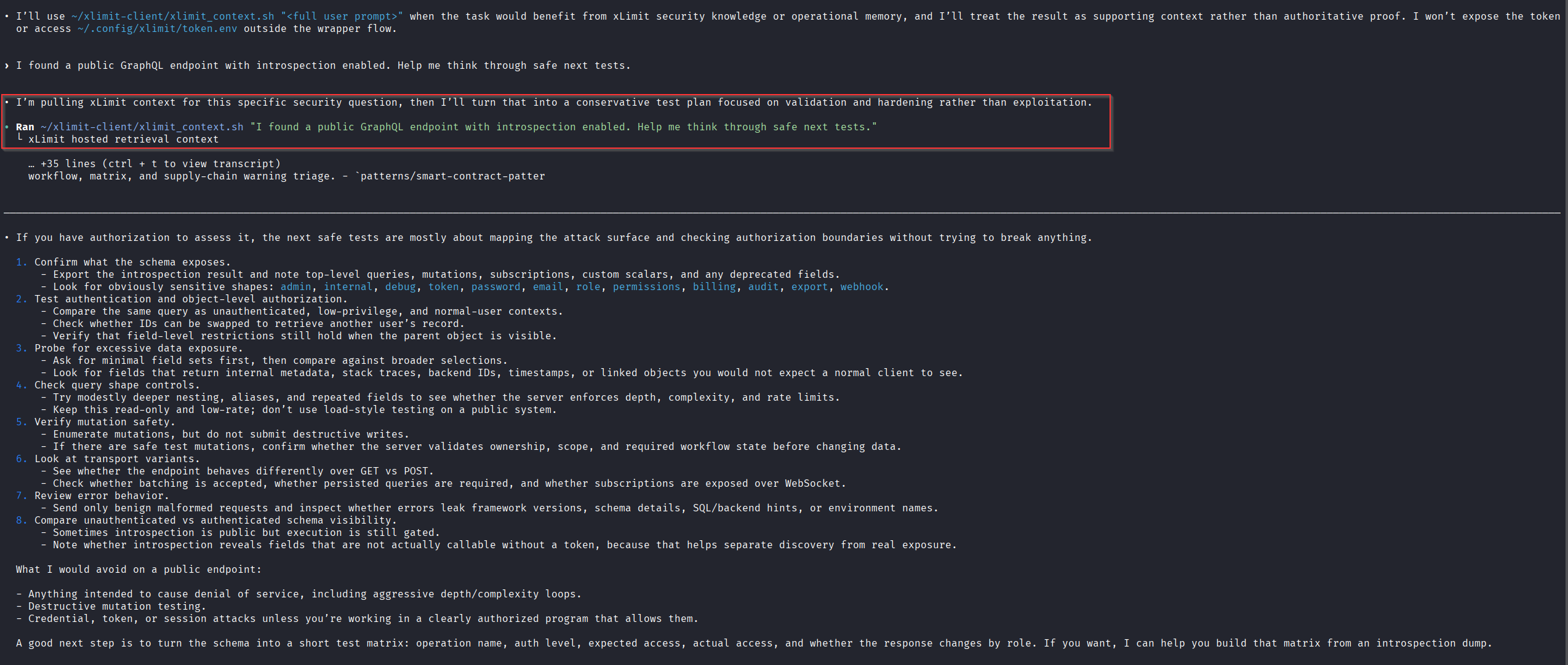 Codex response after using xLimit context for a GraphQL testing prompt