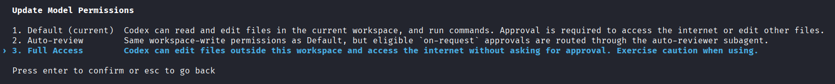 Codex settings showing full access permissions enabled