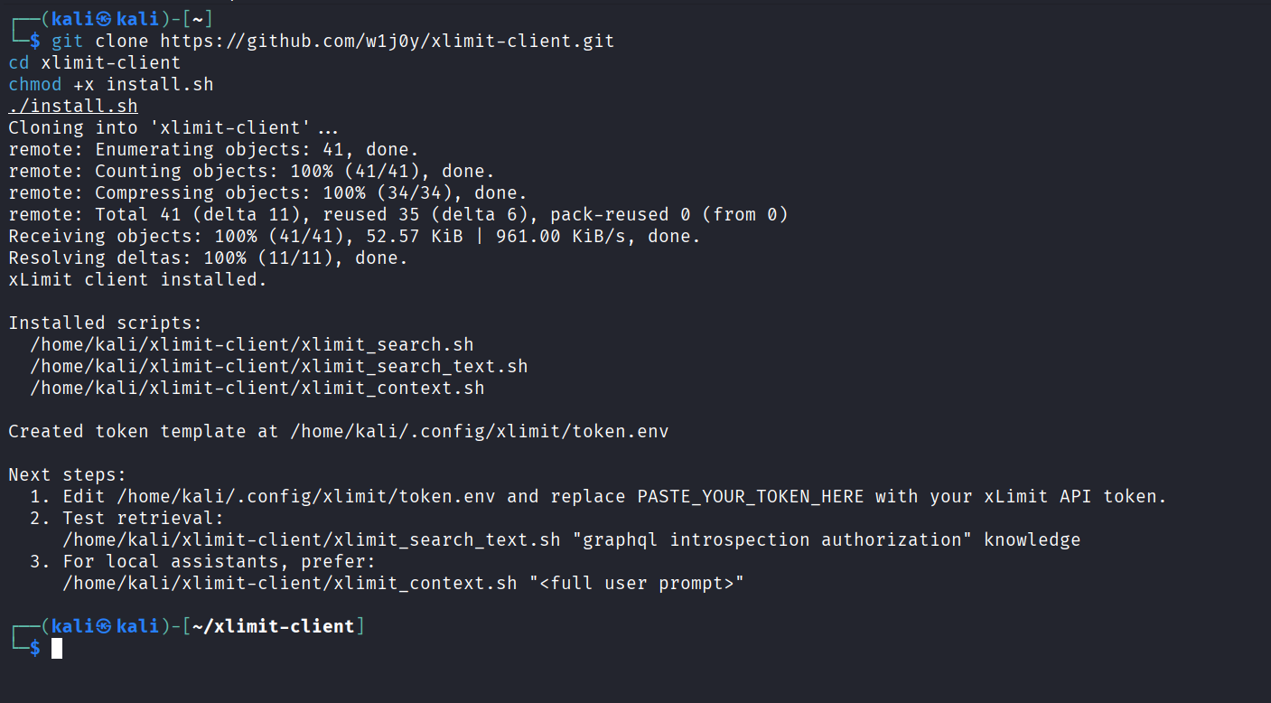 Terminal showing git clone and xLimit Client install commands