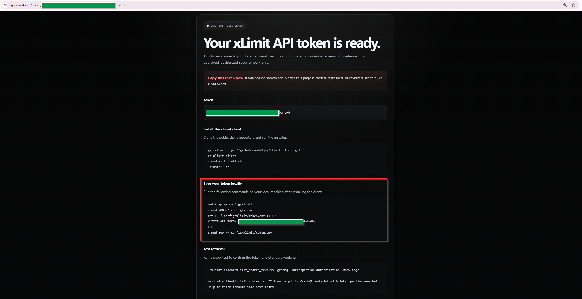 xLimit token setup command block highlighted on the token page