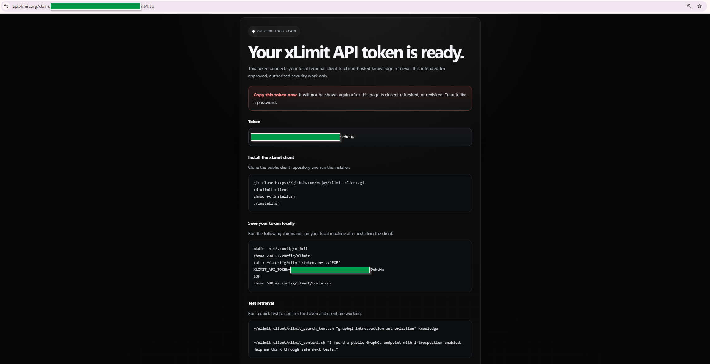 xLimit API token claim page with token redacted