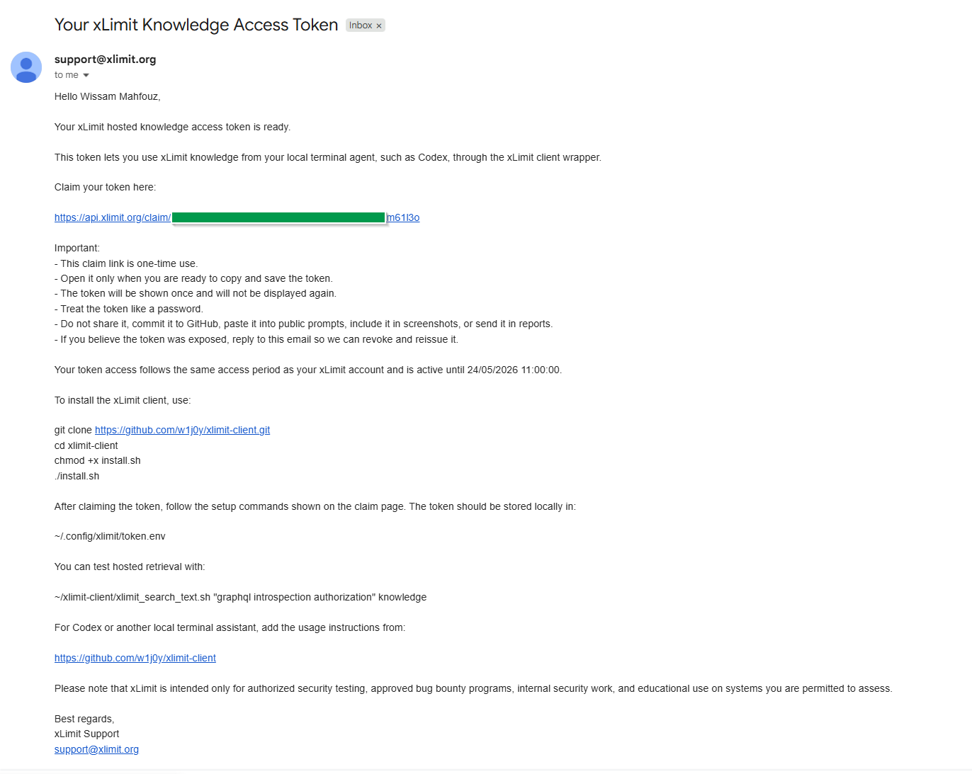 Email containing the xLimit access token claim link